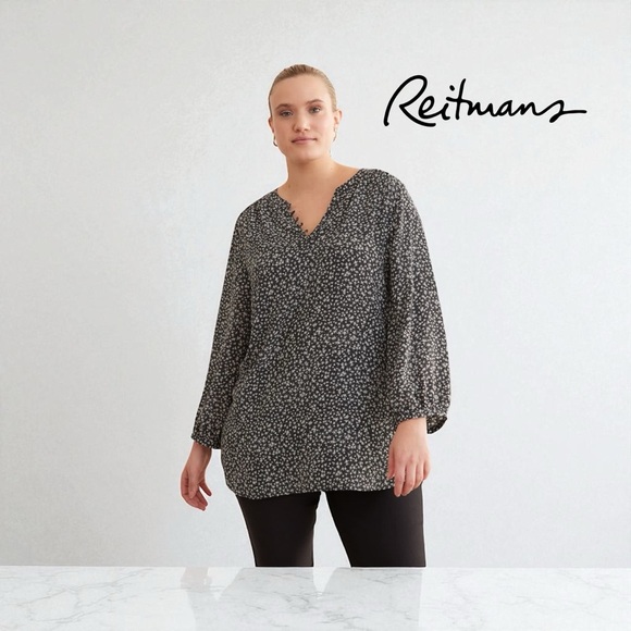 Reitmans, Blouse With Slit Neckline & Long Sleeves, 2X, Black, White - Picture 1 of 10